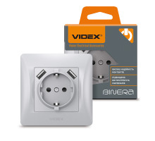 Розетка одинарна із заземленням та 2USB срібний шовк VIDEX BINERA